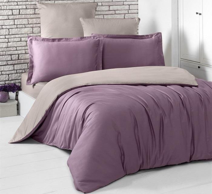 Постельное белье двухстороннее из сатина KARNA LOFT светло-фиолетовое-капучино 1,5-спальное