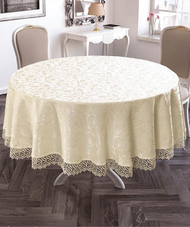 Скатерть жаккардовая с гипюром круглая KARNA KDK кремовая d160
