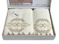 Набор полотенец махровых бамбуковых с гипюром в коробке KARVEN HS1716 DAMASK V2 кремовый 50х90 (1шт), 70х140 (1шт)
