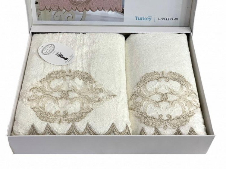 Набор полотенец махровых бамбуковых с гипюром в коробке KARVEN HS1716 DAMASK V2 кремовый 50х90 (1шт), 70х140 (1шт)