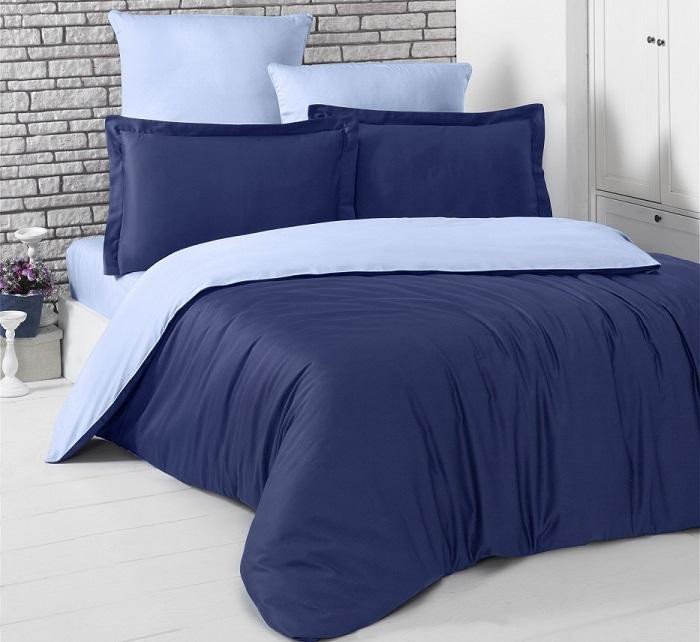 Постельное белье двухстороннее из сатина KARNA LOFT темно-синее-голубое 1,5-спальное