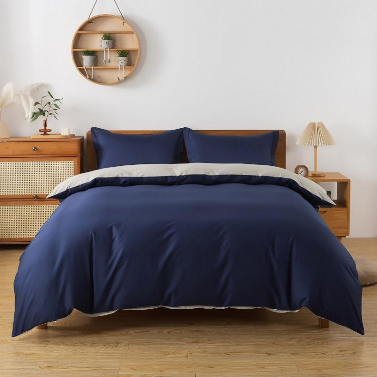 Постельное белье с простыней на резинке из сатина TANGO синее-кремовое евро