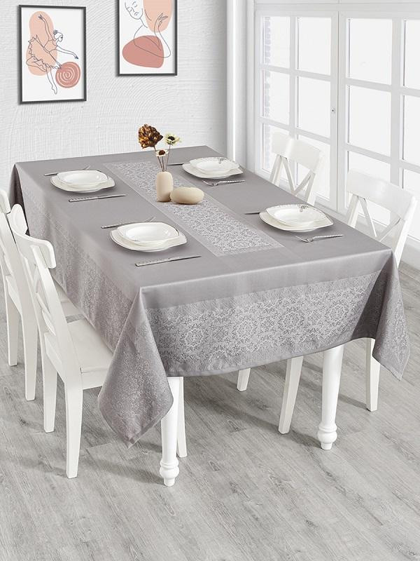 Скатерть влагоотталкивающая из жаккарда KARNA DARVIN серая 160x220