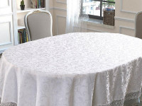 Скатерть жаккардовая с гипюром овальная KARNA KDK белая 160x220