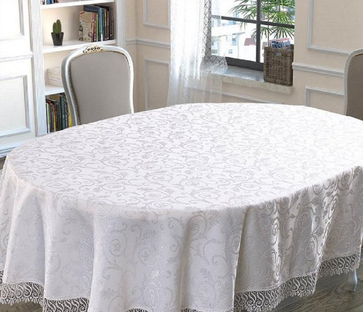 Скатерть жаккардовая с гипюром овальная KARNA KDK белая 160x220